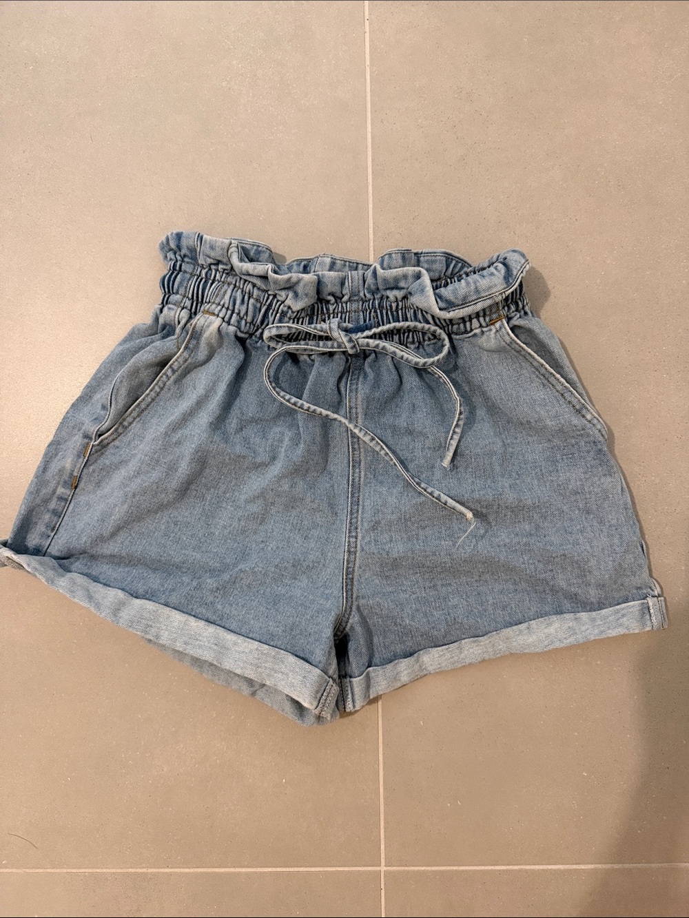 High-Waist Paperbag Light Blue Denim Shorts with Tie